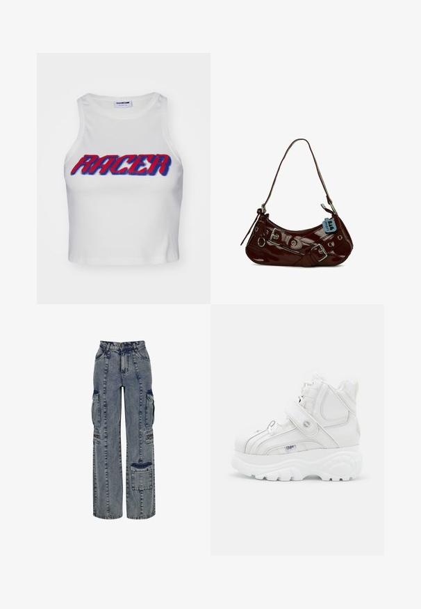 Hvid ribbet cropped tanktop med ordet "RACER" i fed rød og blå skrift over forsiden.; Denim cargo bukser i lyseblå. Har vide ben, flere sidelommer og kontrasterende mørke denim detaljer. Struktureret med synlige sømme.; Hvide high-top sneakers lavet af læder, med en spænde-rem, rund tå, tyk sål og vertikale syninger.; Bordeaux patentskinds læder håndtaske med en buet form, sølv hardware detaljer og en dekorativ spænde. Har en kort rem og lynlås lukning.