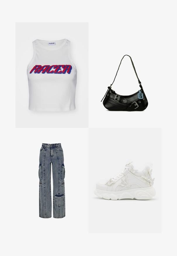 Hvid ribbet cropped tanktop med ordet "RACER" i fed rød og blå skrift over forsiden.; Denim cargo bukser i lyseblå. Har vide ben, flere sidelommer og kontrasterende mørke denim detaljer. Struktureret med synlige sømme.; Hvid chunky sneaker med tyk sål og dekorative 3D sommerfugle detaljer på siden, snørebånd og hæl.; Sort syntetisk håndtaske med en buet form, justerbar rem og dekorative metalspænder. Har en glat, blank tekstur.