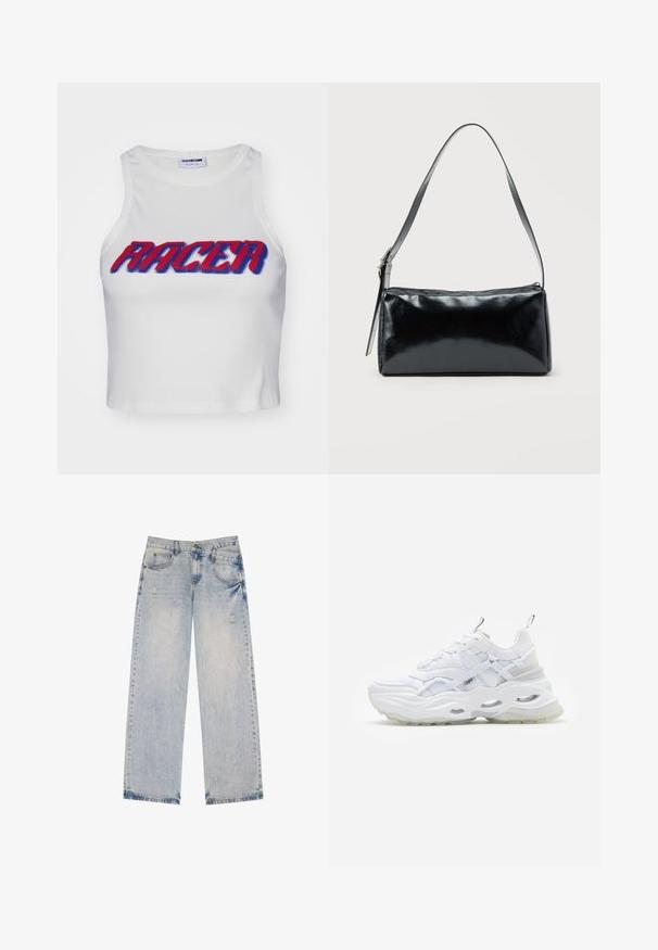 Hvid ribbet cropped tanktop med ordet "RACER" i fed rød og blå skrift over forsiden.; Lysblå denimjeans med lige ben-design, der har slidte detaljer, fem lommer og synlige sømdetaljer.; Hvide sneakers med en kraftig sål, lagdelt mesh og syntetisk overdel, med mønstrede detaljer, snøresystem og hæl-dragtag.; Sort rektangulær skuldertaske med en enkelt justerbar rem og lynlås i toppen på en ensfarvet baggrund.