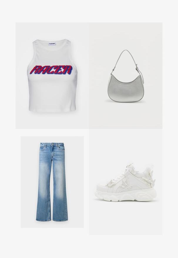Top corto de tirantes acanalado blanco con la palabra "RACER" en letras negritas rojas y azules en la parte frontal.; Jeans de mezclilla azul claro acampanados con una textura desteñida, cintura alta y diseño de cinco bolsillos, con cierre de botón y cremallera.; Zapatilla blanca gruesa con suela gruesa y detalles decorativos de mariposas 3D en el lateral, los cordones y el talón.; Bolso de mano de imitación cuero plateado con forma curva, correa corta ajustable y textura suave, que presenta un detalle de costura minimalista.