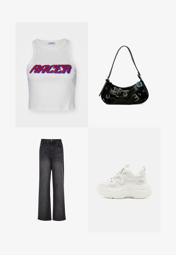 Top corto de tirantes acanalado blanco con la palabra "RACER" en letras negritas rojas y azules en la parte frontal.; Pantalones vaqueros negros de pierna ancha con una textura suave, que cuentan con una cintura alta, bolsillos frontales y un cierre de botón.; Zapatillas deportivas blancas y voluminosas que cuentan con una parte superior de malla y sintética, forma curvada, suela texturizada y un sistema de cordones destacado con detalles del logotipo.; Bolso de mano de charol negro con forma curva, que presenta herrajes plateados, hebillas decorativas y una correa corta. Etiqueta azul adjunta.