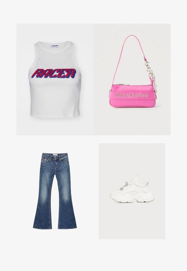 Débardeur court blanc côtelé avec le mot "RACER" en lettres épaisses rouges et bleues sur le devant.; Jeans en denim évasés de couleur bleu moyen avec des détails décolorés. Ils présentent un design classique à cinq poches et des coutures contrastées avec une fermeture à bouton.; Baskets épaisses blanches avec une étoile argentée décorative et des breloques en pierres précieuses sur les lacets et la languette du talon sur fond clair uni.; Petit sac à main Juicy Couture rose vif avec détail en chaîne argentée et lettrage du logo sur le devant, une seule bandoulière étroite.