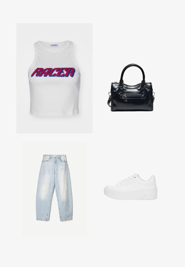 Weißes, geripptes, gekürztes Tanktop mit dem Wort "RACER" in fettem roten und blauen Schriftzug auf der Vorderseite.; Hellblaue Jeans aus Denim mit lockerer Passform, im ausgewaschenen Finish, zwei Fronttaschen und einem Knopfverschluss am Bund.; Weißer Plateau-Sneaker mit Schnürung vorne, perforierten Seitendetails und dicker Sohle, von der Außenseite vor weißem Hintergrund gezeigt.; Schwarze glänzende Lederhandtasche mit zwei Griffen, vorderer Reißverschlusstasche und abnehmbarem Schulterriemen auf weißem Hintergrund.