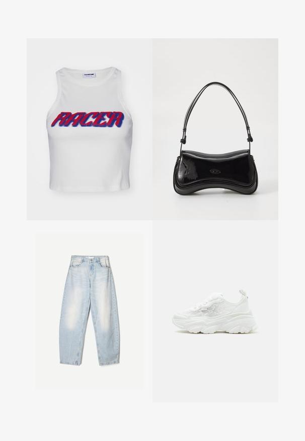 Hvid ribbet cropped tanktop med ordet "RACER" i fed rød og blå skrift over forsiden.; Lyseblå denimbukser med en loose fit, der har en falmet finish, to forlommer og en knaplukning i taljen.; Hvid chunky sneaker med snørebånd foran, blomsterformede mesh-sider og tyk skulptureret sål, vist fra venstre side på ensfarvet baggrund.; Sort patentlæder håndtaske med en buet form, et enkelt håndtag og en rund bund. Har en subtil logo-detalje på forsiden.