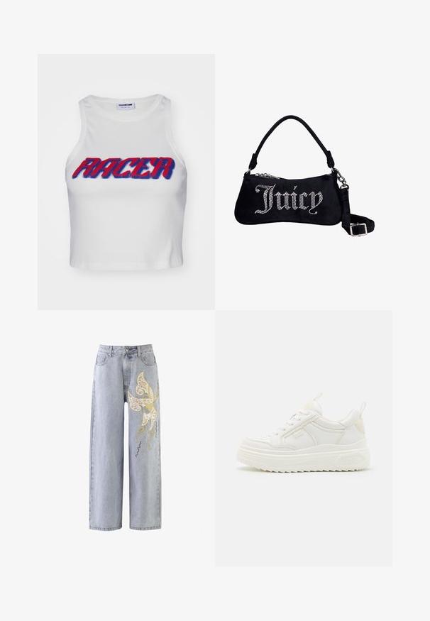Hvid ribbet cropped tanktop med ordet "RACER" i fed rød og blå skrift over forsiden.; Lysblå vidde jeans med et sommerfuglemotiv i guld- og elfenbensbroderi, prydet med dekorative syninger.; Hvide lædersneakers med en kraftig sål, snørebåndsdesign og subtil branding. Har en glat overflade og rund tå.; Sort fløjl skuldertaske med "Juicy" stavet i rhinsten, med en kort håndtag og en aftagelig justerbar rem med sølvspænde.