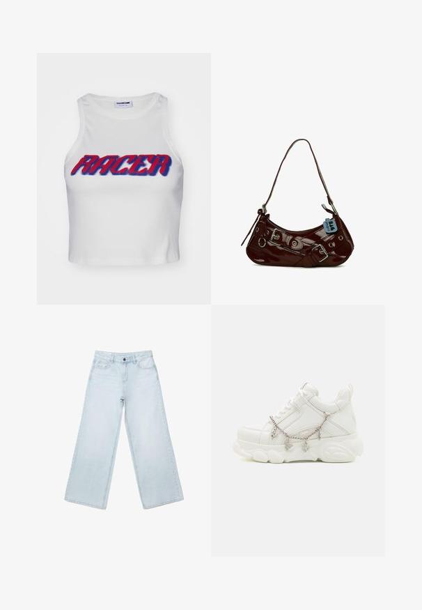 Débardeur court blanc côtelé avec le mot "RACER" en lettres épaisses rouges et bleues sur le devant.; Jean large en denim bleu clair avec poches avant, passants pour ceinture et fermeture par bouton.; Baskets blanches avec une semelle épaisse, tige en cuir texturé et chaîne en métal décorative avec des breloques. Dispose d'un système de laçage et d'un col rembourré.; Sac à main en cuir verni bordeaux avec une forme courbée, accents en métal argenté et une boucle décorative. Il présente une courte bandoulière et une fermeture éclair.