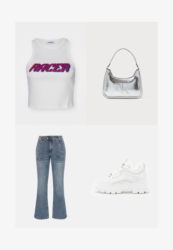 Débardeur court blanc côtelé avec le mot "RACER" en lettres épaisses rouges et bleues sur le devant.; Jean en denim bleu à taille haute, poches plaquées à l'avant, fermeture par bouton et zip, et une silhouette de jambe légèrement évasée.; Baskets blanches chunky avec une tige texturée, un col rembourré et une semelle épaisse à stries. Présente des lacets noirs contrastants et un détail de marque.; Sac à main en métal argenté de forme courbée, avec fermeture zippée et une bandoulière. Présente le logo "CK" en relief à l'avant.