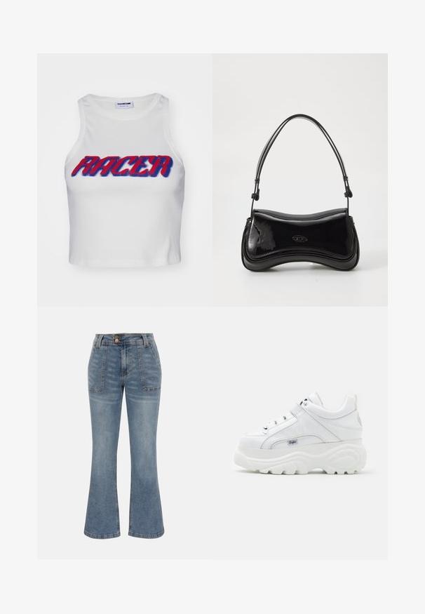 Balts ribots krūtis topiņš ar vārdu "RACER" treknās sarkanas un zilas krāsas burtiem priekšpusē.; Zilas džinsa džinsi ar augstu jostasvietu, priekšpusē pielāgotas kabatas, aizdare ar pogu un rāvējslēdzēju, un nedaudz plašāka bikšu kāju siluets.; Baltas platformu sporta apavi, kas izgatavoti no spīdīga sintētiska materiāla ar sacensību dizainu, polsterētu apkakli un zīmola akcentu sānos.; Melnas lakotas ādas rokassomas ar izliekta formu, vienu rokturi un noapaļotu apakšdaļu. Priekšpusē ir smalka logo detaļa.