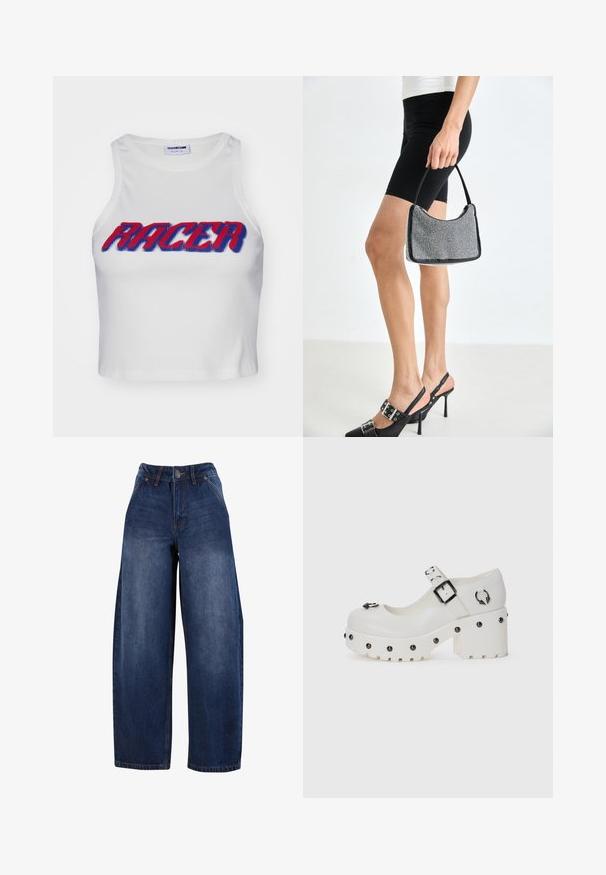 Hvid ribbet cropped tanktop med ordet "RACER" i fed rød og blå skrift over forsiden.; Mørke denim brede ben jeans med høj talje, fem-pockets design og knaplukning. Stoffet har en let falming og glat tekstur.; Hvide platform sko med en rund tå, spænde og cirkulære nitter. Tekstureret sål med en let hæl og dekorativ hardware detalje.; Sort perlehandtaske med en buet silhuet, bærehåndtag og blank overflade. Båret med højhælede sorte sko og tætsiddende sorte shorts.