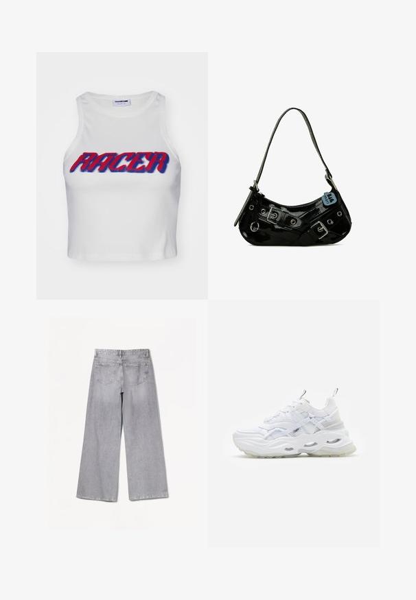 Witte geribde cropped tanktop met het woord "RACER" in vetgedrukte rode en blauwe letters op de voorkant.; Grijze wijde jeans met een hoge taille, voorzien van een gladde textuur, twee achterzakken en subtiele stikseldetails.; Witte sneaker met een chunky zool, gelaagd mesh en synthetisch bovenwerk, voorzien van gemusterde accenten, vetersysteem en trekhaak.; Zwarte gepatineerde leren handtas met een gebogen vorm, voorzien van zilveren hardware, decoratieve sluitingen en een korte schouderband. Blauwe label bevestigd.