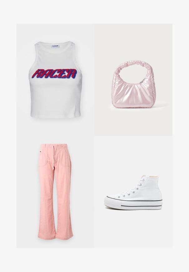 Weißes, geripptes, gekürztes Tanktop mit dem Wort "RACER" in fettem roten und blauen Schriftzug auf der Vorderseite.; Helle rosa, weite Hosen aus einem weichen Stoff, mit einem Kordelzugbund, zwei vorderen Taschen und einer strukturierten Oberfläche.; Weiße High-Top-Sneaker aus einem Material aus Segeltuch, mit schwarzer Gummisohle und kontrastierendem schwarzen Streifen auf der Zwischensohle. Runde Zehenkappe und Schnürdesign.; Rosa, gepolsterte Handtasche mit abgerundeter Form, aus glänzendem Material gefertigt. Verfügt über einen gerafften Griff und einen Reißverschluss für sicheren Zugang.