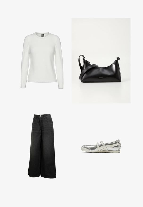 Schlichtes weißes Langarmshirt mit Rundhalsausschnitt auf flachem weißem Hintergrund, von vorne gezeigt ohne sichtbare Muster oder Logos.; Schwarze weit geschnittene Jeans mit hoher Taille, Frontknopf, Taschen und dezentem Logo auf der Vorder-Tasche.; Silberner, flacher Schuh aus Metallic-Material mit weißen, gezackten Akzenten und zwei Riemenverschlüssen. Weiches Obermaterial und flexible, flache Sohle.; Schwarze lederne Handtasche mit glatter Textur. Verfügt über einen verstellbaren Riemen und ein elegantes, minimalistisches Design mit einem Reißverschluss.