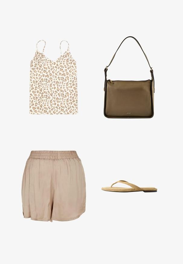 Camisole à imprimé léopard avec fines bretelles, dotée d'un décolleté en V. Fabriquée en tissu doux à texture côtelée dans des tons beige et marron.; Shorts légers beiges en tissu avec une taille élastique et une coupe ample, présentant une texture lisse et un ourlet arrondi.; Sandale tong en daim beige avec une fine bride et une semelle plate, vue de profil sur un fond blanc.; Sac à main en cuir marron avec une seule bandoulière, une fermeture éclair dorée et un petit logo "JOOP!" centré près du bas.