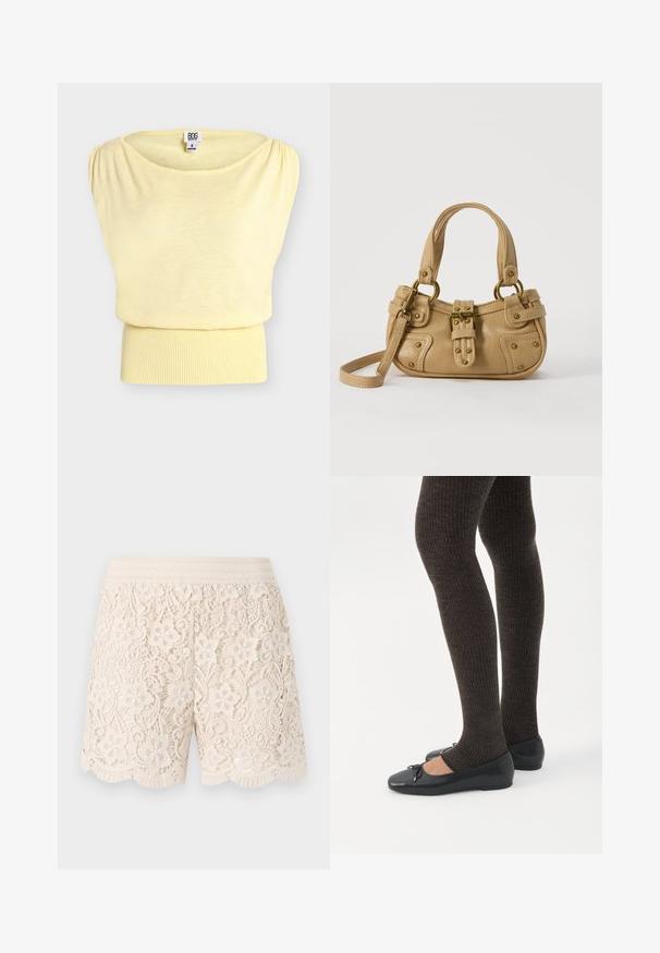 Haut en tricot sans manches jaune clair avec une large ceinture côtelée et des détails froncés aux épaules, taille petite.; Shorts en dentelle couleur blanc cassé avec des motifs floraux, ourlet festonné et taille élastique, présentant des détails intriqués sur l'ensemble du tissu.; Jambes portant des leggings côtelés foncés associés à des ballerines noires avec de petits détails en nœud sur fond blanc.; Sac à main en cuir beige avec double poignées, boucle en laiton et détails rivetés, ainsi qu'une bandoulière réglable sur fond blanc.