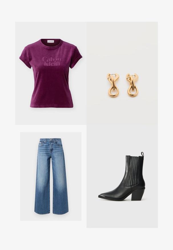 Pflaumenviolettes Samt-T-Shirt mit kurzen Ärmeln, geprägt mit dem "Calvin Klein"-Logo auf der Vorderseite und einem runden Ausschnitt.; Blaue Jeans mit weitem Bein, vorderem Knopf und Reißverschluss, Fünf-Taschen-Stil und dezenten ausgebleichten Details an Oberschenkeln und Knien.; Schwarze Lederstiefelette mit spitzer Zehenform, gerippten Seitenpaneelen und einem klobigen Absatz, vor einem strukturierten Fliesenboden.; Paar glänzende goldfarbene Creolen mit verschlungenem, verdrehtem Design auf schlichten weißem Hintergrund.