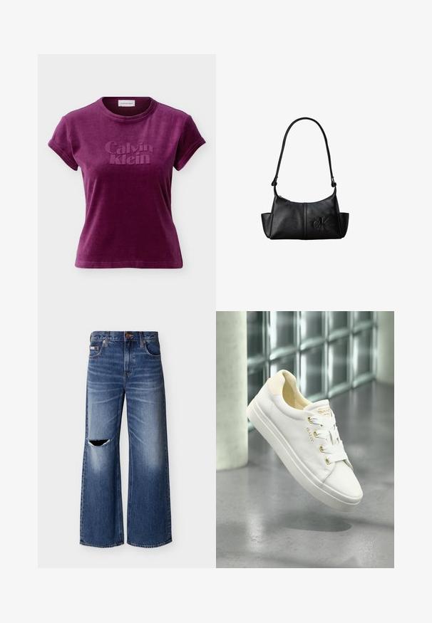 T-shirt en velours prune avec manches courtes, logo "Calvin Klein" en relief sur le devant et col rond.; Jean denim bleu à jambes larges avec un délavé et un trou déchiré sur la cuisse gauche, doté de poches avant et d'une fermeture à bouton.; Baskets blanches en cuir avec une texture lisse, bout rond et semelle plate. Comprennent des accents dorés et des lacets blancs pour un maintien sécurisé.; Sac à bandoulière en cuir noir avec une longue sangle, des poches latérales et le logo Calvin Klein embossé sur le devant.