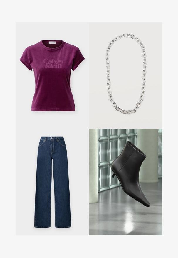 Krátke sametové tričko v slivkovo fialovej farbe s reliéfnym logom "Calvin Klein" na prednej strane a okrúhlym výstrihom.; Džínsy širokých nohavíc z tmavého denimu. Majú klasický päťvreckový dizajn, zapínanie na gombík a jemné vyblednutie na kolenách.; Čierna kožená členková obuv s ostrou špičkou a nízkym podpätkom, zobrazená na pozadí steny zo sklenených blokov a leštenej podlahy.; Strieborný retiazkový náhrdelník s veľkými prepletenými oválnymi článkami usporiadanými do predĺženej slučky na bielom pozadí.