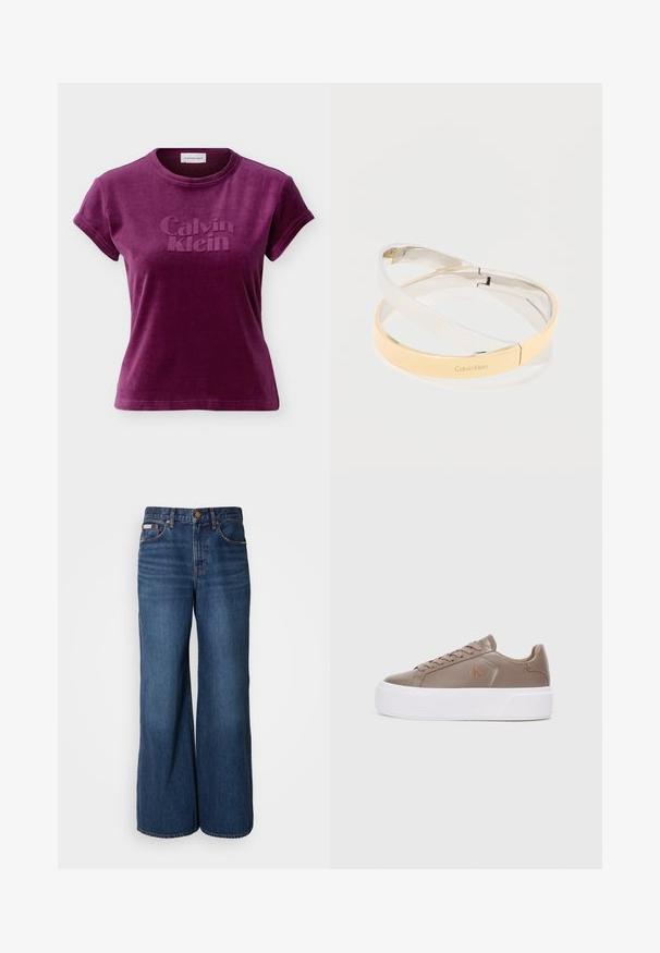 Kortmouwig fluweel T-shirt in pruimpaars met een reliëflogo "Calvin Klein" op de voorkant en een ronde halslijn.; Wijdvallende jeans van donkerblauwe denim. Kenmerken zijn een hoge taille, vijf zakken en contrasterende oranje stiksels langs de naden.; Beige leren sneaker met een ronde neus, witte plateauzool en bruine veters. Beschikt over een klein logo aan de zijkant. Minimalistisch ontwerp.; In elkaar grijpen gepolijste metalen armbanden in zilver- en goudtinten, waarvan er één is gegraveerd met het "Calvin Klein"-logo, op een witte achtergrond.