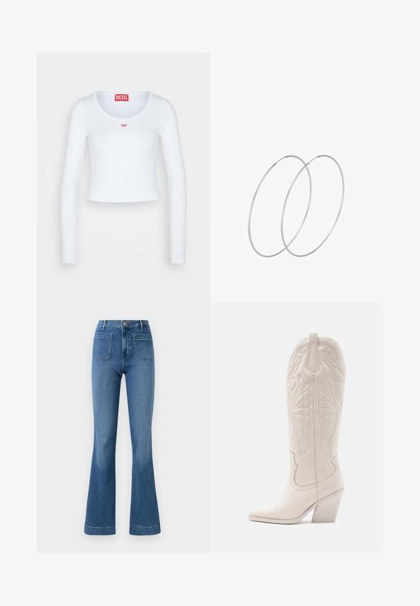 Top corto de manga larga blanco, hecho de tela acanalada, con escote redondo y un pequeño logo rojo de Diesel bordado en el pecho.; Jeans acampanados de color azul hechos de mezclilla con una cintura de altura media, que cuentan con dos bolsillos traseros y un dobladillo limpio. Textura suave y diseño clásico.; Bota vaquera de cuero blanco con punta afilada y tacón bloqueado. Presenta patrones de costura intrincados en el caña y una textura suave.; Pendientes de aro plateados con un diseño minimalista. Forma circular, textura suave y perfil delgado. Livianos con un acabado pulido.