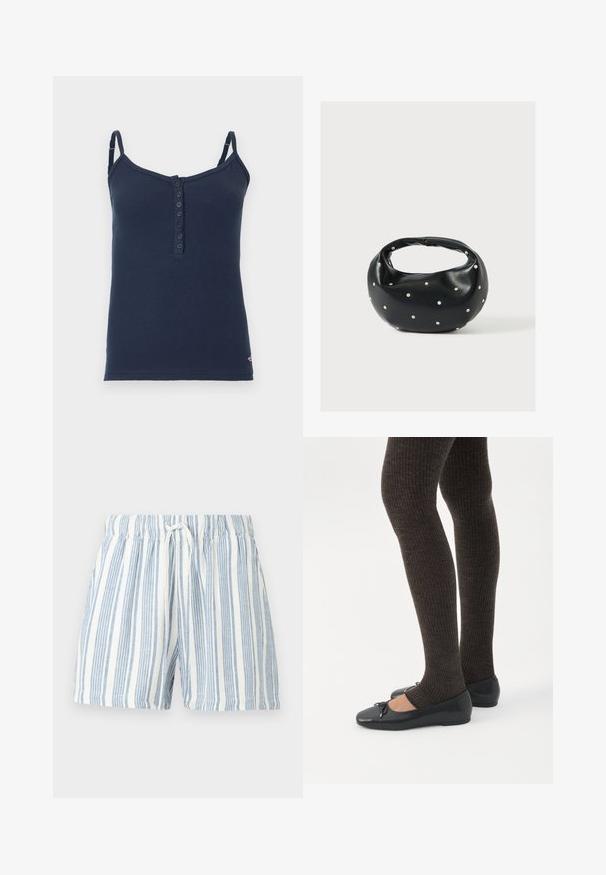 Débardeur côtelé bleu marine avec bretelles spaghetti ajustables et patte de boutonnage à six boutons au centre devant.; Short blanc avec des rayures verticales bleu clair, taille élastique et cordon blanc à nouer devant au centre.; Jambes portant des leggings côtelés foncés associés à des ballerines noires avec de petits détails en nœud sur fond blanc.; Sac à main en cuir noir de forme arrondie, décoré de clous argentés et équipé d'une poignée courte. Texture lisse et fermeture éclair.