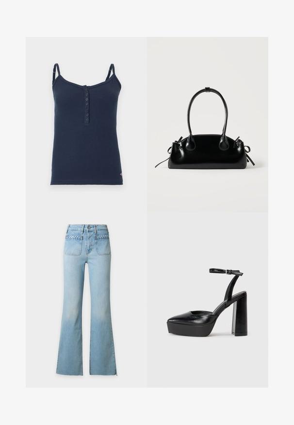 Débardeur côtelé bleu marine avec bretelles spaghetti ajustables et patte de boutonnage à six boutons au centre devant.; Jean en denim bleu clair taille haute avec jambes évasées et poches plaquées à l'avant ornées d'un détail de bordure tressée.; Escarpins noirs à plateforme avec un bout pointu et une sangle réglable à la cheville. Conçus en cuir lisse, avec un large talon bloc.; Petit sac à main noir brillant avec deux longues anses et des détails à cordon sur les côtés sur un fond clair uni.