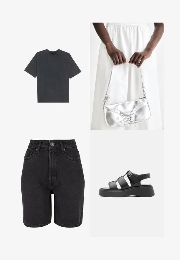T-shirt en coton gris à manches courtes, avec un col rond et une coupe décontractée. Texture lisse avec des variations de couleur subtiles.; Shorts en denim noir à taille haute, avec un design à cinq poches et un système de fermeture à bouton en métal. Le tissu a une texture lisse avec un léger dégradé.; Sandale plateforme noire avec trois larges brides, bride de cheville ajustable et semelle épaisse, vue de profil sur fond blanc.; Sac à main en métal argenté avec un détail à lacets, arborant un design épuré et une courte sangle. Le sac est tenu dans les mains, mettant en valeur sa texture.