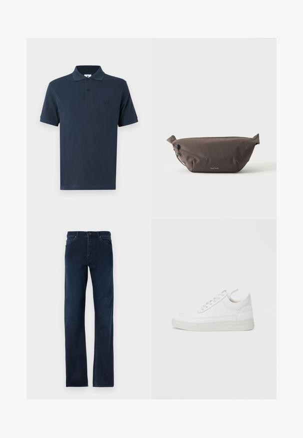 Polo de color azul marino hecho de algodón, con cuello clásico, mangas cortas y un sutil logo en contraste en el lado izquierdo del pecho. Textura suave.; Jeans de mezclilla azul oscuro con piernas rectas, cinco bolsillos, cierre de botón y costuras en contraste a lo largo de las costuras.; Zapatilla blanca de cuero con punta redondeada, suela plana y cierre de cordones. Presenta detalles de costuras y un cuello acolchado para mayor comodidad.; Riñonera de tela marrón oscuro con bolsillo diagonal con cremallera y pequeño logo blanco en el frontal, sobre un fondo liso y claro.