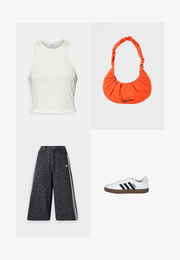 7 DAYS Active SHIELDS TOP - Top - white; Zwarte denim culottes met een luipaardprint, voorzien van witte zijkanten en een klein logo aan de voorkant. Standaard taille met knoopsluiting.; Witte sportieve schoen met drie zwarte strepen, een tan rubberen buitenzool en een lichtgrijze neus. Zachte textielvoering en een gemerkte zijlabel.; Fel oranje, halvemaanvormige handtas met geplooide stof en gevoerde riem, met "Karl Lagerfeld Jeans" logo aan de voorkant.