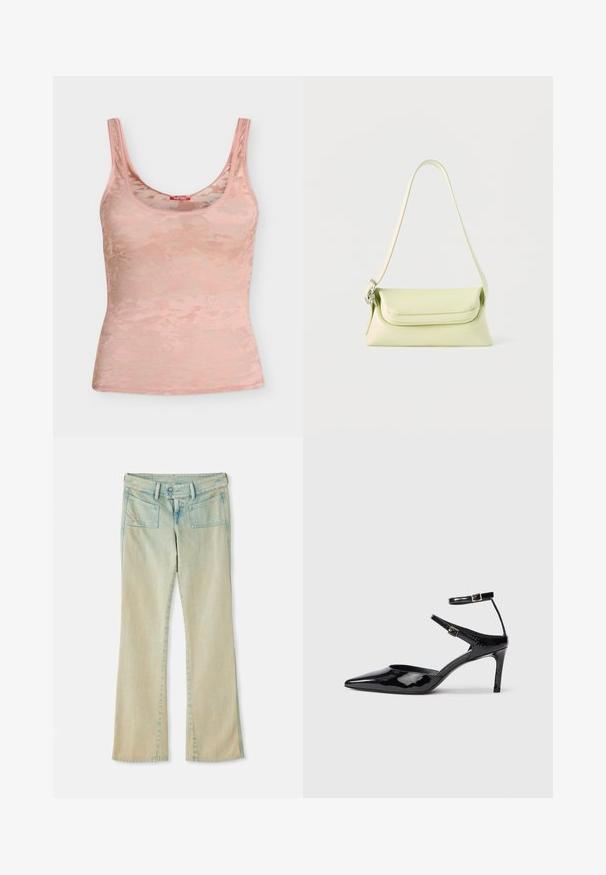 Débardeur en dentelle rose clair avec larges bretelles, encolure dégagée, motif floral subtil et petit logo Diesel au centre de la poitrine.; Jean flare en denim bleu clair avec une finition délavée, présentant des passants de ceinture, deux poches avant et deux poches arrière avec des accents de couture.; Talons en cuir verni noir avec un bout pointu, des sangles de cheville ajustables et un talon fin. Texture lisse avec une finition brillante.; Sac à main en cuir vert clair avec une seule bandoulière et une fermeture à rabat, présenté sur un fond blanc.