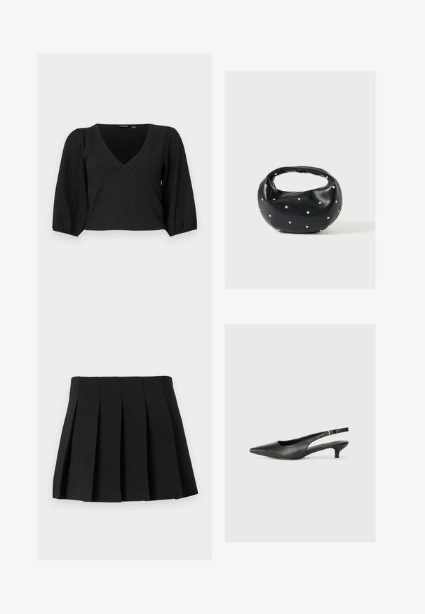 Schwarzes, strukturiertes Pullover-Oberteil mit V-Ausschnitt, langen, puffigen Ärmeln und einem Wickelstil.; Schwarzer Faltenminirock mit strukturiertem Design, aus glattem Stoff gefertigt. Features einen Taillenbund und gleichmäßig verteilte vertikale Falten.; Schwarzer Slingback-Schuh mit spitzem Zehenbereich aus glattem Leder. Mit einem dünnen Absatz und einer dekorativen Schnalle am verstellbaren Riemen.; Schwarze Lederhandtasche mit abgerundeter Form, verziert mit silbernen Nietenakzenten und kurzem Griff. Glatte Struktur und Reißverschlussverschluss.