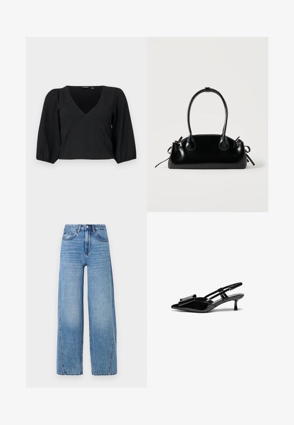 Schwarzes, strukturiertes Pullover-Oberteil mit V-Ausschnitt, langen, puffigen Ärmeln und einem Wickelstil.; Hochtaillierte, hellblaue, weite Jeans mit Fronttaschen, Gürtelschlaufen, Knopfverschluss und sichtbaren Steppnähten.; Schwarze Lackleder-Slingbacks mit spitzer Zehenpartie, einer Schleifendetail an der Vorderseite und einem kleinen Stiletto-Absatz. Die Riemen haben verstellbare Schnallen.; Kleine schwarze glänzende Handtasche mit zwei langen Griffen und seitlichen Kordelzug-Details vor einfachem hellem Hintergrund.
