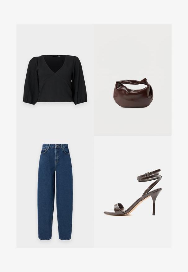 Sort, tekstureret pullover med V-udskæring, der har lange, pufærmer og en omslagstype design.; Mørkeblå denim jeans med høj talje, bred benpasform, fem-lomme design og kontrasterende syninger. Klassisk lynlås og knaplukning.; Mørkebrune laklædersandal med høj hæl, tynd ankelrem og åben tå på hvid baggrund.; Mørkebrun læder skuldertaske med en blød, afslappet form og et snoet knudehåndtag på en ensartet hvid baggrund.