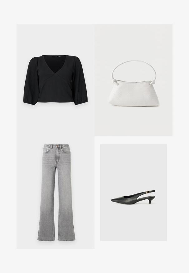 Top de tirantes texturizado negro con escote en V, que cuenta con mangas largas abullonadas y un diseño estilo envolvente.; Jeans de mezclilla gris de campana con una cintura alta, bolsillos delanteros, trabillas para el cinturón y un sutil diseño descolorido, presentados sobre un fondo blanco.; Zapato de tacón slingback negro de punta afilada, hecho de cuero suave. Presenta un tacón delgado y un detalle de hebilla en la correa ajustable.; Bolso de mano de cuero blanco tejido con asa redondeada y extremos de la correa anudados, exhibido sobre un fondo liso.