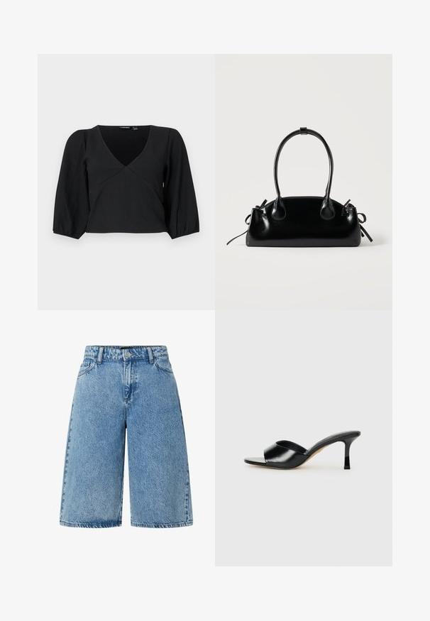 Pull noir texturé à col en V, avec de longues manches bouffantes et un design style wrap.; Shorts en denim bleu clair, avec une coupe large, un style classique à cinq poches, et un tissu texturé avec une finition délavée.; Mules à talons hauts en cuir noir avec un design à bout ouvert et une large sangle supérieure incurvée. Texture lisse et silhouette élégante.; Petit sac à main noir brillant avec deux longues anses et des détails à cordon sur les côtés sur un fond clair uni.