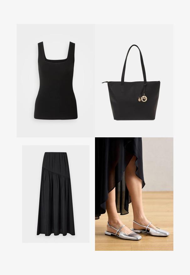 Top negro sin mangas con escote cuadrado, hecho de una tela suave; diseño ajustado sin patrones ni detalles metálicos.; Falda larga negra con cintura elástica y detalle de costura diagonal fruncida, confeccionada en tela ligera y ligeramente texturizada.; Zapatos planos metálicos plateados con diseño de punta cuadrada, tira trasera y acentos recortados. Textura suave sobre un suelo de madera.; Bolso tote negro hecho de material sintético liso, con dos asas largas, cierre de cremallera y un charm dorado con un logo circular.