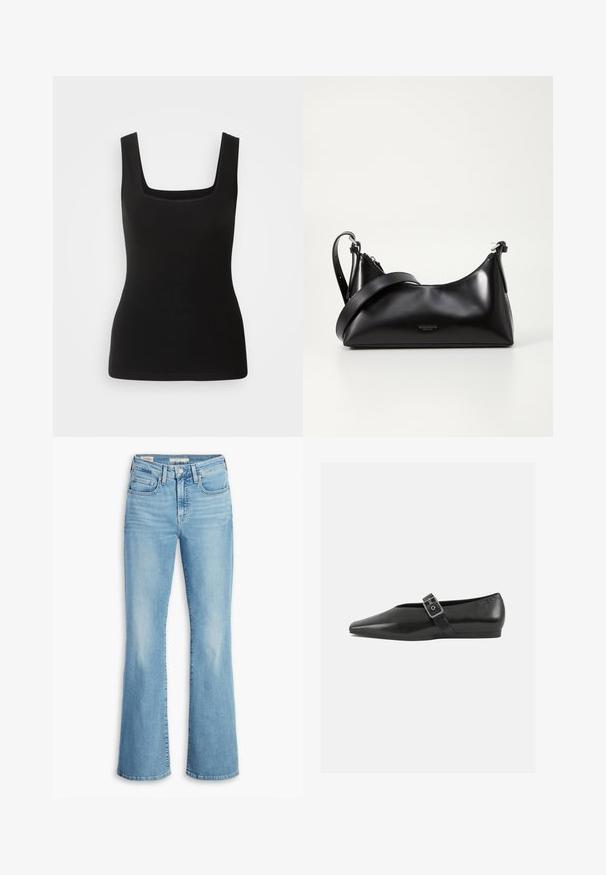 Schwarzes ärmelloses Tanktop mit quadratischem Ausschnitt, aus glattem Stoff gefertigt; enganliegendes Design ohne Muster oder Hardware-Details.; Hellblaue Jeans aus Denim mit ausgestelltem Bein, hoher Taille, fünf Taschen, dezenten Falteneffekten und klassischem abgestepptem Saum. Glatte Textur, lässiges Design.; Schwarze Lederflachschuhe mit spitzem Zehenbereich, ausgestattet mit einem metallischen Riemen über dem Spann und einer niedrigen, flexiblen Sohle.; Schwarze lederne Handtasche mit glatter Textur. Verfügt über einen verstellbaren Riemen und ein elegantes, minimalistisches Design mit einem Reißverschluss.
