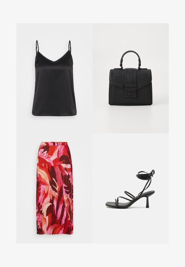 Sort satin camisole med V-hals, tynde justerbare stropper og en glat, blank overflade. Ingen mønstre eller yderligere dekorationer.; Plisseret maxinederdragt med et livligt blomstermotiv i nuancer af rød, pink og creme; lavet af letvægtsstof med elastisk talje.; Sort strappy sandal med firkantet tå, justerbare ankelbind og en slank, blokhæl. Fremstillet af et glat, holdbart materiale.; Sort læderhandtaske med kviltet tekstur, rektangulær form, topbærerhåndtag og en frontklap med en sølvfarvet spænde.