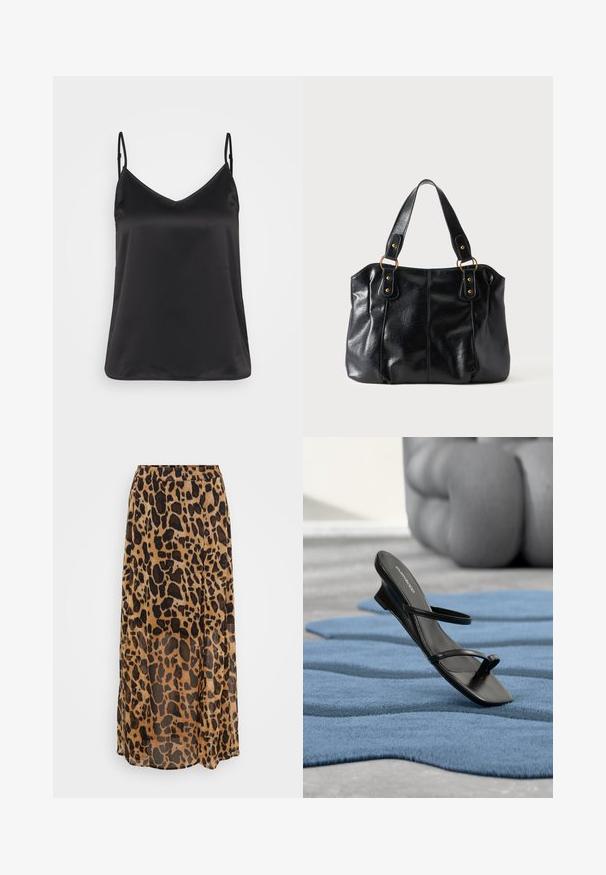 Sort satin camisole med V-hals, tynde justerbare stropper og en glat, blank overflade. Ingen mønstre eller yderligere dekorationer.; Maxi nederdel i leopardmønster i nuancer af brun og sort, lavet af letvægtsstof med et flydende design og elastisk talje.; Sort sandal med remme og tå-loop vist på et blåt tekstureret tæppe, med en stor grå dekorativ genstand sløret i baggrunden.; Sort læder skuldertaske med dobbelte stropper fastgjort med gyldne ringe og nitter, glat og let skinnende overflade, enkelt design.