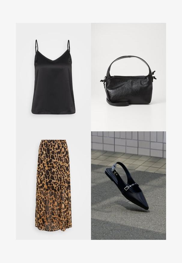 Sort satin camisole med V-hals, tynde justerbare stropper og en glat, blank overflade. Ingen mønstre eller yderligere dekorationer.; Maxi nederdel i leopardmønster i nuancer af brun og sort, lavet af letvægtsstof med et flydende design og elastisk talje.; Sort flad slingback med spids tå og dobbelte spænder, hvilende på grå asfalt nær flisevæg.; Sort læderhåndtaske med et struktureret design, rund tophåndtag og aftagelig skulderrem. Den har en glat tekstur og en subtil glans.