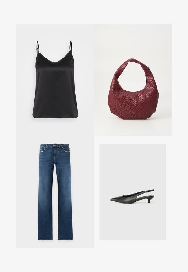 Camisole en satin noir avec un décolleté en V, de fines bretelles réglables et une texture lisse et brillante. Aucun motif ni accent supplémentaire.; Jean bleu foncé à coupe droite avec cinq poches, fermeture par bouton métal et petits clous argentés le long des bords des poches avant.; Chaussure slingback noire à bout pointu en cuir lisse. Présente un talon fin et un détail de boucle sur la sangle réglable.; Sac à main tissé bordeaux avec une silhouette arrondie, une seule poignée et une finition texturée. Fermeture zippée en haut.
