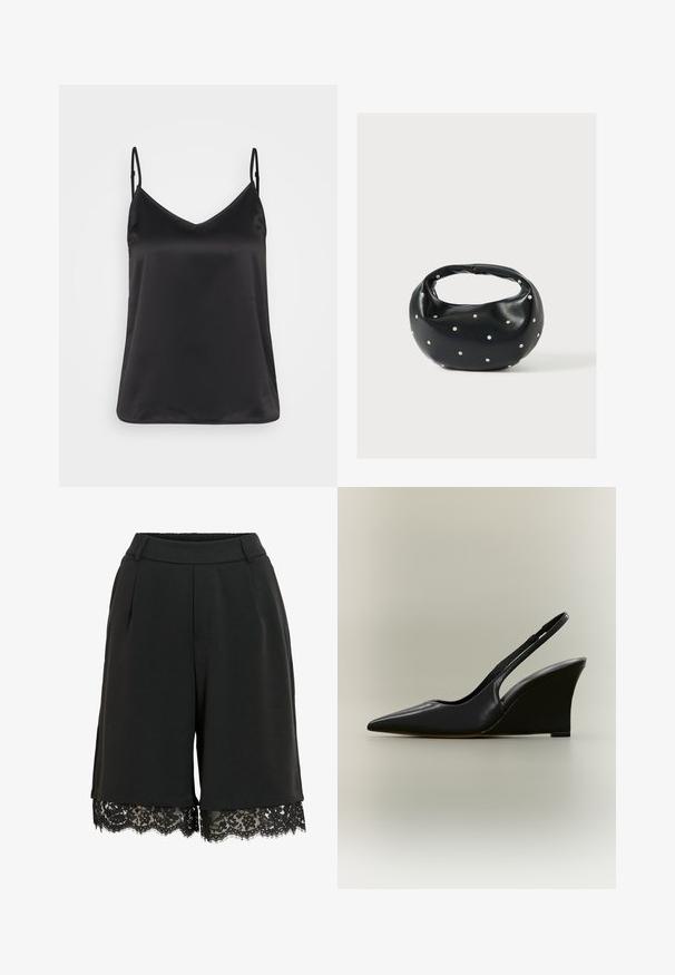 Camisole en satin noir avec un décolleté en V, de fines bretelles réglables et une texture lisse et brillante. Aucun motif ni accent supplémentaire.; Short noir taille haute avec plis sur le devant et bordure en dentelle à l’ourlet, doté de passants pour ceinture et d’une taille élastiquée à l’arrière.; Chaussure slingback en cuir noir avec bout pointu et talon compensé haut sur fond neutre.; Sac à main en cuir noir de forme arrondie, décoré de clous argentés et équipé d'une poignée courte. Texture lisse et fermeture éclair.