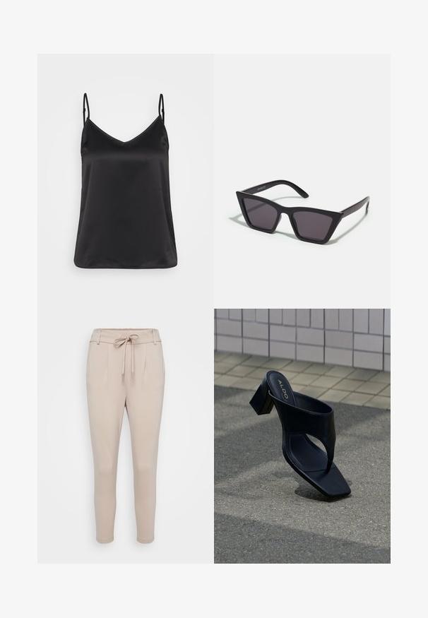 Sort satin camisole med V-hals, tynde justerbare stropper og en glat, blank overflade. Ingen mønstre eller yderligere dekorationer.; Beige bukser lavet af blødt stof, med snøring i taljen, frontplisseringer og tætsiddende ben. Glat tekstur uden synlige mønstre.; Sort hælsandal med firkantet tå og bred rem, placeret på grå asfalt nær flisebelagt væg.; Sorte, kantede solbriller med grå linser; lavet af plast, med tykke stænger med en glat overflade og ingen synlig hardware.
