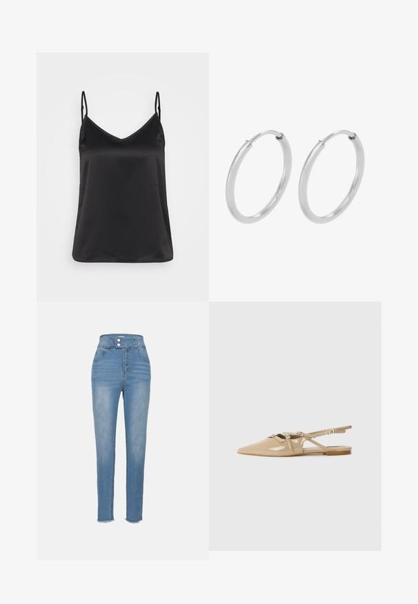 Sort satin camisole med V-hals, tynde justerbare stropper og en glat, blank overflade. Ingen mønstre eller yderligere dekorationer.; Højtaljede blå denimjeans med knaplukning, forlommer og let frynset kant. Glat tekstur og tætsiddende ben design.; Beige patenteret læder slingback flade sko med spids tå, dekorative remme og spænder samt en lav hæl. Glat, blank finish med minimal dekoration.; Sølv hoops øreringe, cirkulær form, glat skinnende tekstur og ensartet bredde hele vejen igennem. Minimalistisk design uden yderligere accenter.
