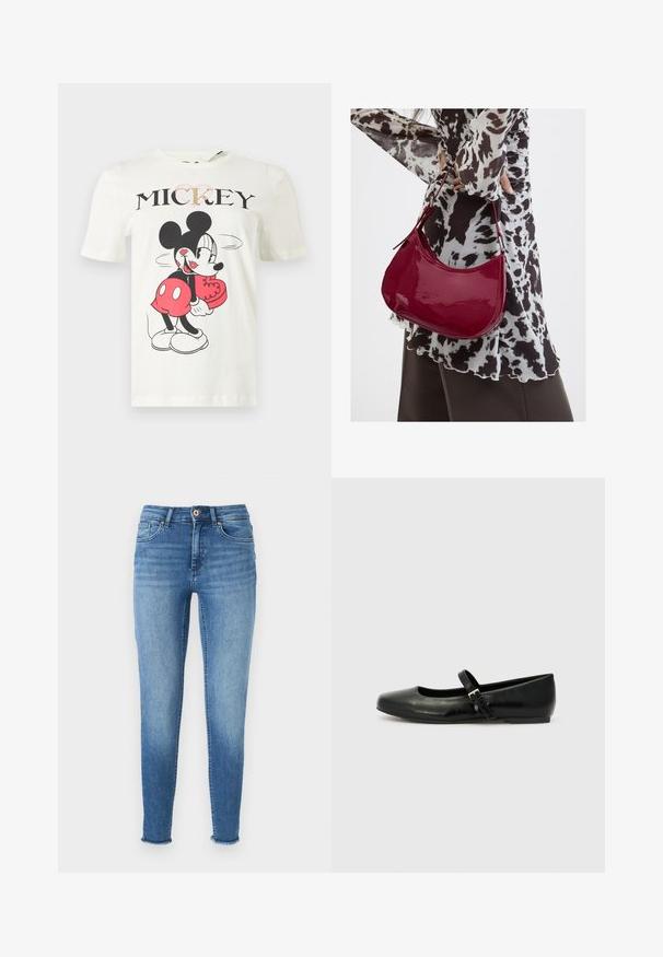 Valge T-särk, millel on stiliseeritud Mickey Mouse, kes hoiab südamekujulist karpi ja mille kohal on mustade tähtedega sõna "MICKEY".; Sv light blue skinny jeans, millel on tuhmused ja udune pesu, valmistatud denimist. Omab nelja taskut, vööloopse ja narmendavaid ääri pahkluude juures.; Musthave musta nahast balletkingad ümmarguse varbaga, lame tald ja õhuke reguleeritav rihm üle jala, millel on metallist pandla.; Naine, kes kannab must-valget mustriga pluusi ja hoiab läikivat punast õlakotti ühevärvilise tausta ees.
