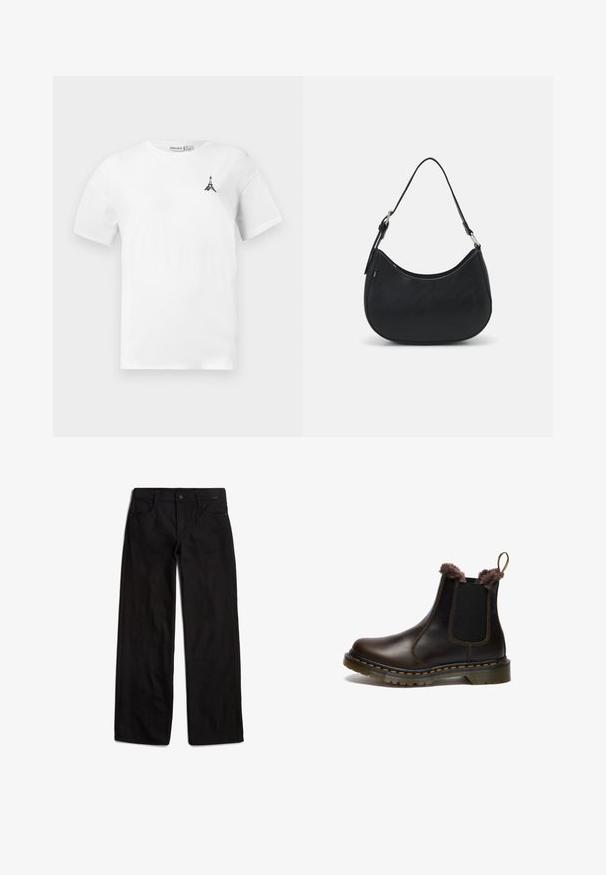 Hvid bomulds t-shirt med rund halsudskæring, prydet med et lille sort Eiffeltårn-logo på venstre bryst. Korte ærmer og afslappet pasform.; Sorte denimbukser med lige ben, frontlukning med knap og fem lommer. Glat tekstur og minimale syninger.; Brune læder Chelsea støvle med elastiske sidepaneler, kunstigt pelskant, gul syning og en rillet gummisål.; Sort hobo taske lavet af glat læder med en buet silhuet, der har en enkelt justerbar skulderrem og minimalistiske designdetaljer.