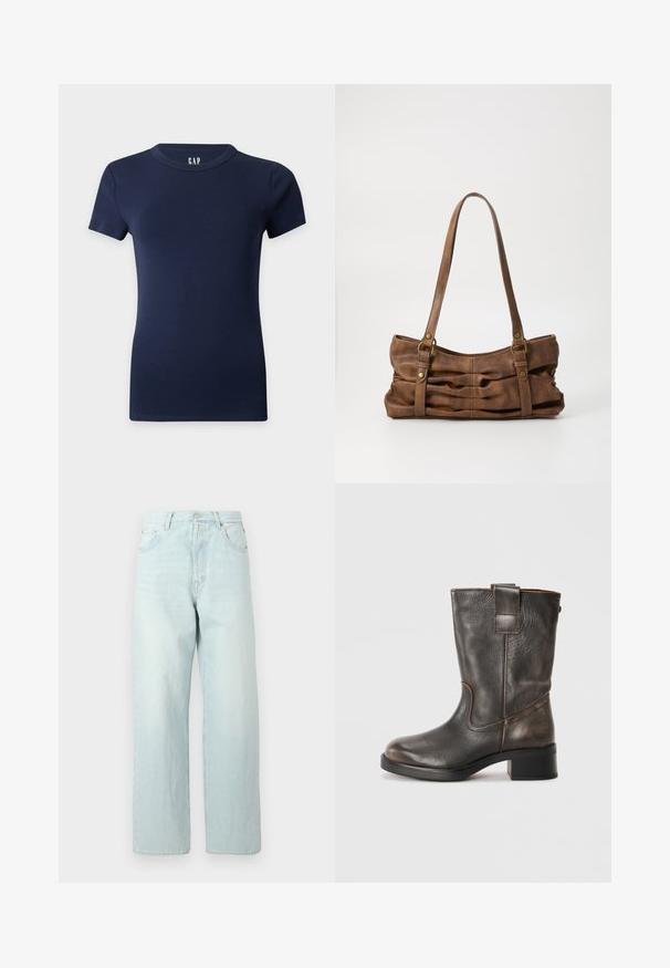 T-shirt ajusté bleu marine à manches courtes avec col rond sur un fond uni clair.; Jean large en denim bleu clair à taille haute, doté de cinq poches, d'une fermeture par bouton et d'un léger délavage.; Bottines en cuir brun avec un bout arrondi, des coutures discrètes, un tirant décoratif et un petit talon carré. Texture lisse, design minimal.; Even&Odd Sac à main - brown