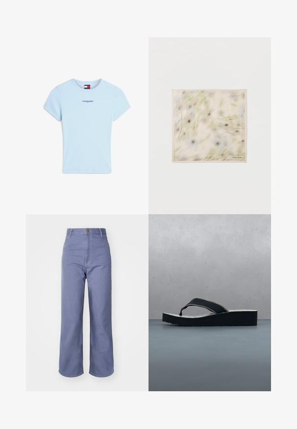 Hellblaues, geripptes T-Shirt mit kurzen Ärmeln und dem dunkelblau bestickten Schriftzug "tommy jeans" auf der Brust sowie einem gebrandeten Halsbandetikett.; Hellblaue weite Jeans aus Denim, mit hoher Taille, Vorderknopfverschluss und sichtbaren Nähten an den Taschen und Nähten.; Schwarz-weiß gemusterte Plattform-Flip-Flop-Sandale mit dicker Sohle auf gefliestem Boden, im Hintergrund Grünpflanzen und Steinmauer.; Quadratisches Seidentuch mit einem sanften abstrakten Blumenmuster in pastellfarbenen Beige-, Grün- und Akzenten in Blau und Schwarz.