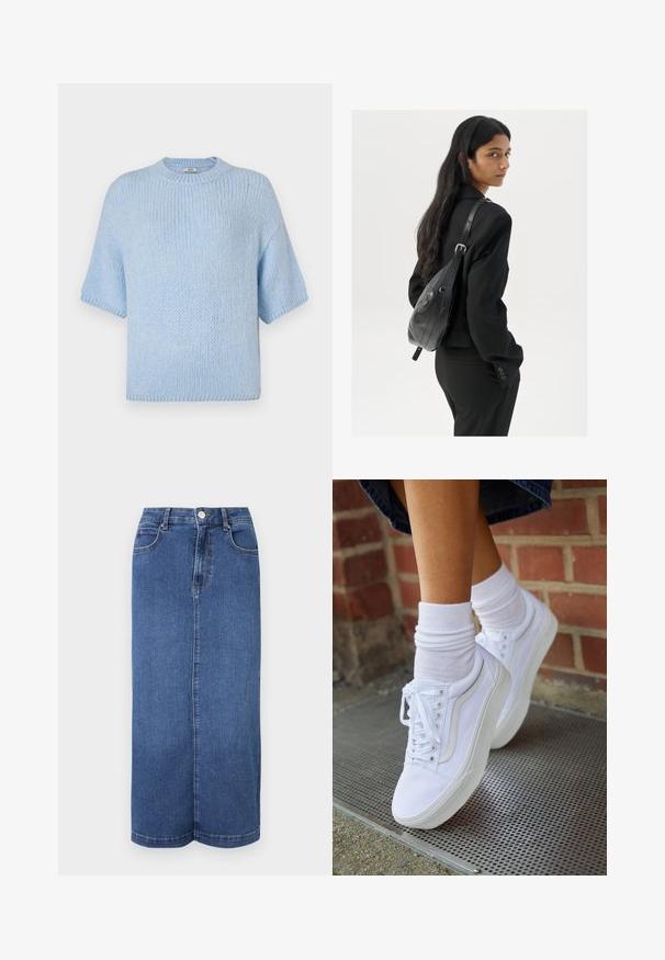 Lichtblauwe gebreide trui met korte mouwen en een ronde hals. Kenmerkt zich door een zachte textuur en een ontspannen pasvorm, met ribbeldetails op de kraag en manchetten.; Denim maxi rok in donkerblauw, met een rechte snit, een tailleband met knoopsluiting en minimale stikdetails.; Witte canvas sneakers met rubberen zolen, voorzien van zes vetertjes, een ronde neus en lichte stikdetails, gecombineerd met witte enkelsokken.; Vrouw met lang donker haar in een zwart pak, met een zwart leren schoudertas, die over haar schouder kijkt tegen een witte achtergrond.