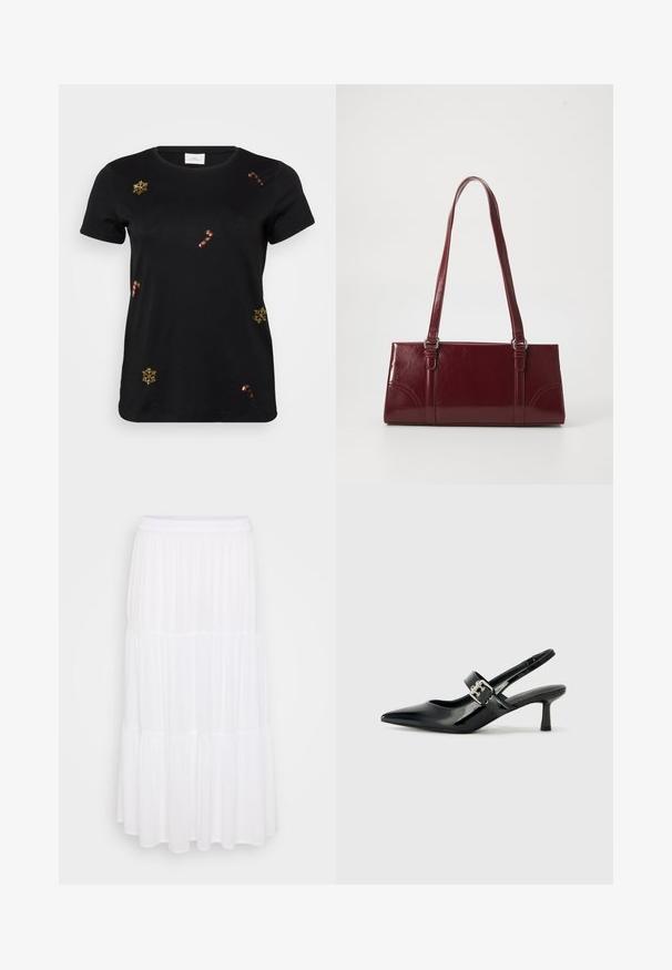 Zwarte t-shirt met korte mouwen, versierd met gouden geborduurde sneeuwvlokken en suikerstokken, met een klassieke ronde halslijn en zachte katoen. ; Witte gelaagde maxi-rok van lichtgewicht stof, met een elastische tailleband en een vloeiende textuur met subtiele plooidetails.; Zwarte gepatineerde leren slingback hakken met een puntige neus en een kleine blokhak, met een zilveren gespaccent op de band.; Bourgondische handtas van glanzend materiaal, rechthoekige vorm, met twee schouderbanden en subtiele gebogen accenten aan de voorkant.