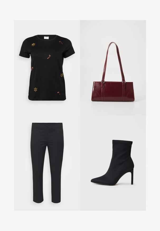 Schwarzes T-Shirt mit kurzen Ärmeln, das mit goldenen, gestickten Schneeflocken und Zuckerstangen verziert ist. Es hat einen klassischen Rundhalsausschnitt und besteht aus weicher Baumwolle.; Schwarze, taillierte Hosen mit glatter Textur, mittlerer Taille und knöchellanger Länge. Mit einem Frontknopfverschluss und klaren Linien.; Schwarze spitz zulaufende Sockenschuhe mit schlankem hohen Absatz und dehnbarem Schaft aus Stoff vor weißem Hintergrund.; Burgunderfarbene Handtasche aus glänzendem Material, rechteckige Form, mit zwei Schulterriemen und subtilen, geschwungenen Akzenten an der Vorderseite.